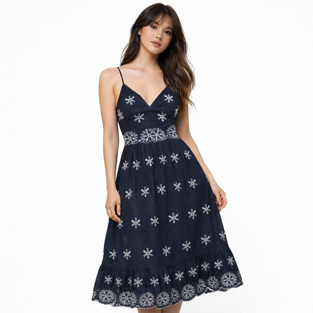 Zara Black Embroidered Tie-Back Midi Dress XS